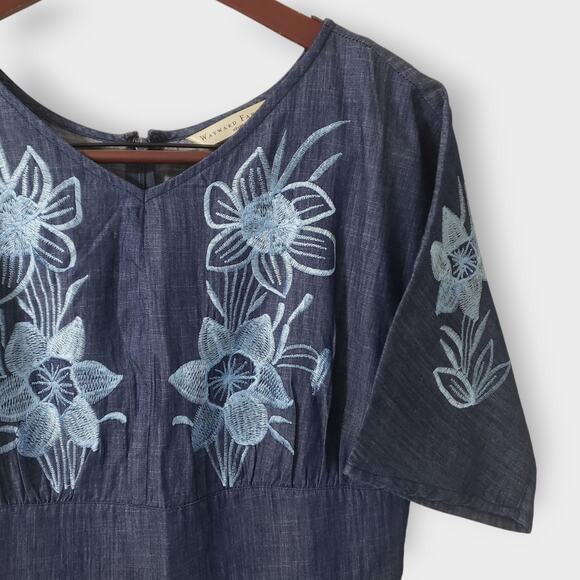 Wayward Fancies Blue Chambray Floral Embroidered Maxi Dress Sz 8-M Grandma - Picture 4 of 14
